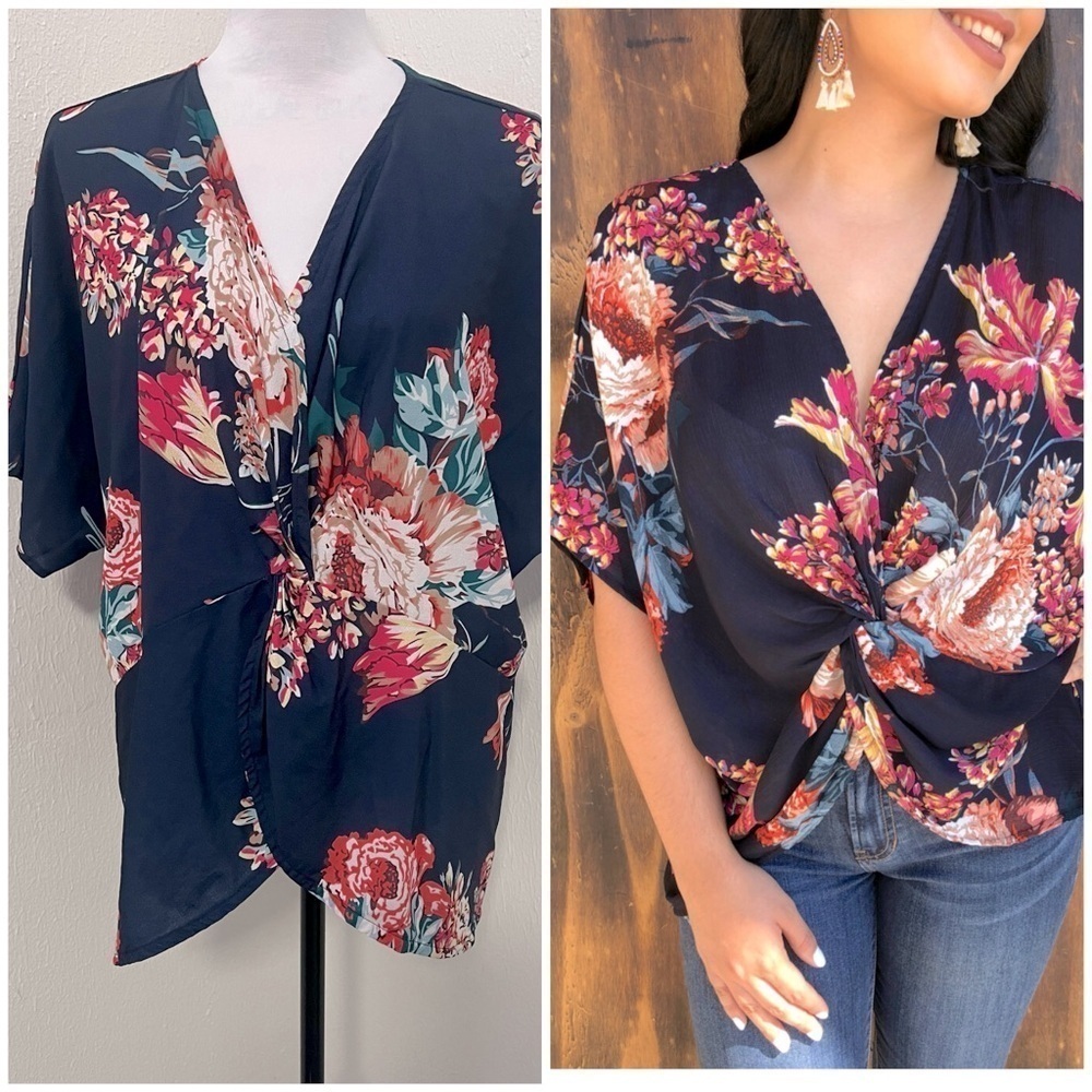 Women’s Boho Twist Front Floral Print Top ( Navy ) Plus Size 2XL Vacation EUC